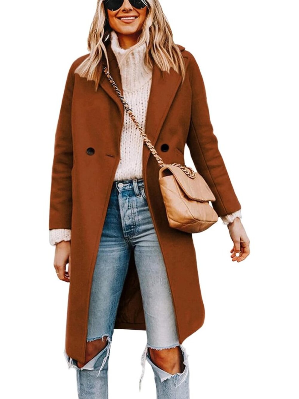 Women's Caramel Wool Blend Notch Lapel Double-Breasted Mid-Long Trench Pea Coat